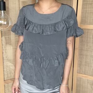 anthropologie HD in paris gray lace silk ruffle blouse size XS